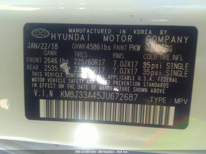2018 HYUNDAI TUCSON LIMITED/SPORT AND ECO/SE - KM8J33A45JU672687