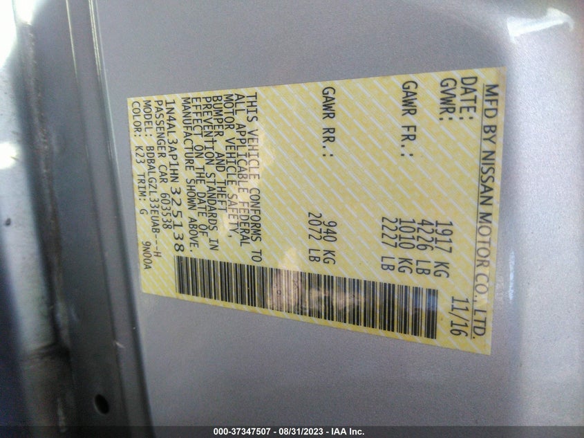VIN 1N4AL3AP1HN325138 2017 NISSAN ALTIMA 2.5 S