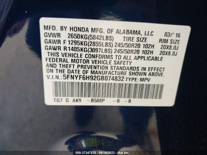 2016 HONDA PILOT TOURING - 5FNYF6H92GB074832