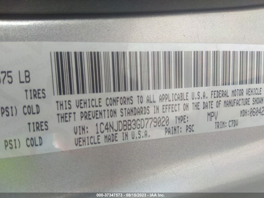 2016 JEEP COMPASS SPORT - 1C4NJDBB3GD779020