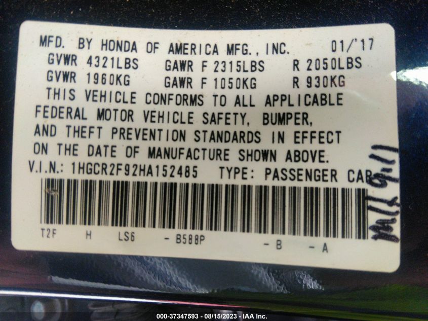 2017 HONDA ACCORD SEDAN EX-L - 1HGCR2F92HA152485