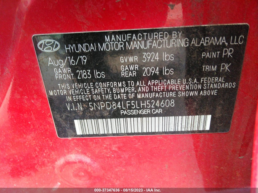 VIN 5NPD84LF5LH524608 2020 HYUNDAI ELANTRA SEL