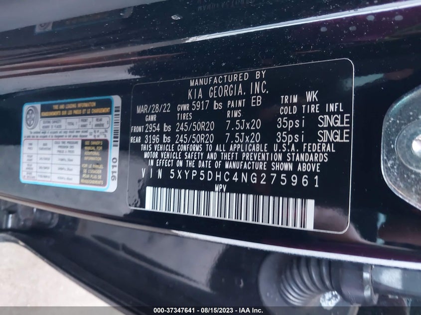 VIN 5XYP5DHC4NG275961 2022 KIA TELLURIDE SX