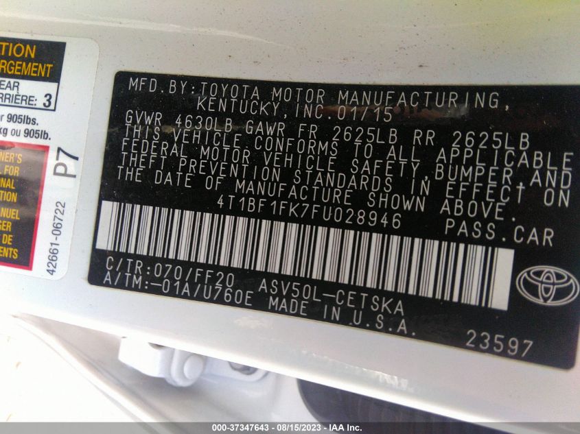 2015 TOYOTA CAMRY XLE/SE/LE/XSE - 4T1BF1FK7FU028946