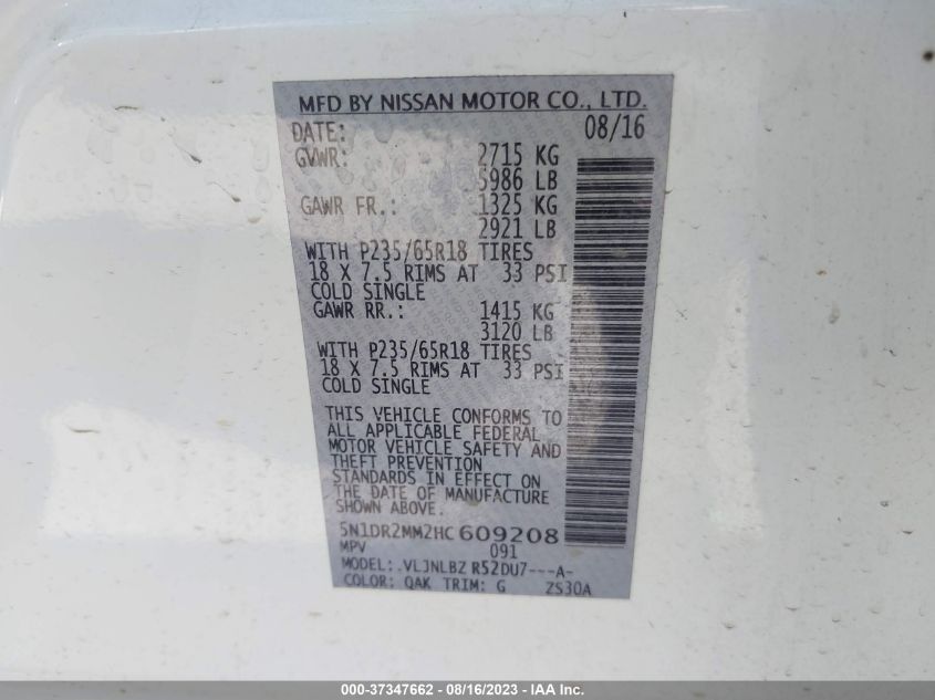 2017 NISSAN PATHFINDER S/SV/SL/PLATINUM - 5N1DR2MM2HC609208