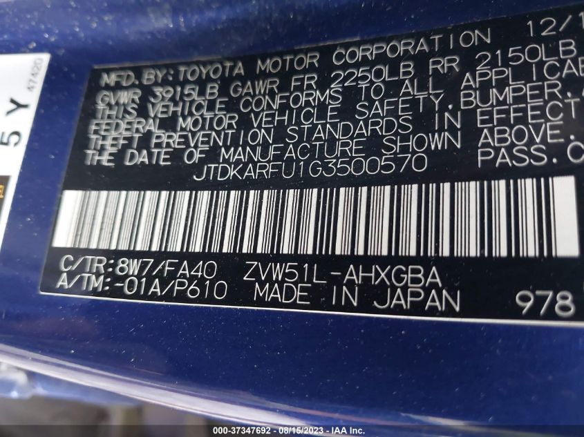 2016 TOYOTA PRIUS - JTDKARFU1G3500570