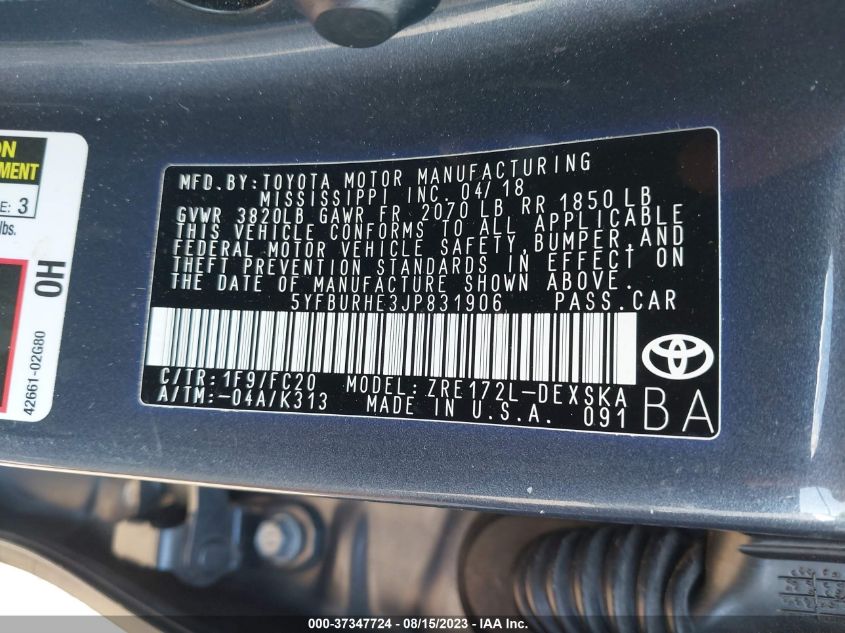 2018 TOYOTA COROLLA SE - 5YFBURHE3JP831906