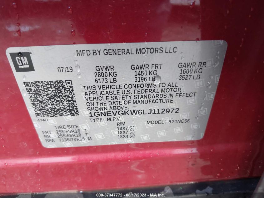 2020 CHEVROLET TRAVERSE LT CLOTH - 1GNEVGKW6LJ112972