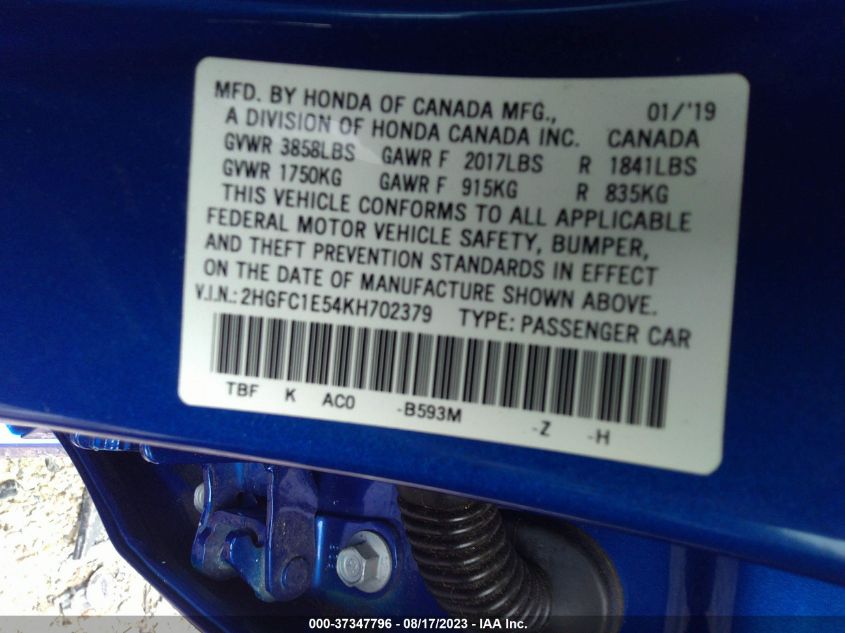 2019 HONDA CIVIC SI SEDAN - 2HGFC1E54KH702379