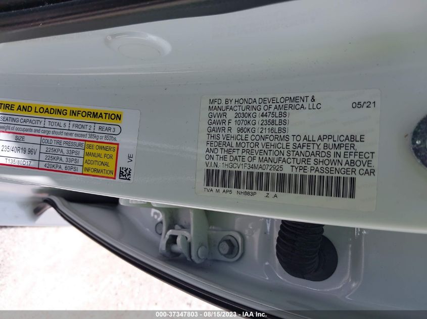 2021 HONDA ACCORD SEDAN SPORT - 1HGCV1F34MA072925