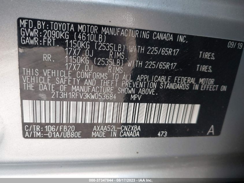 2019 TOYOTA RAV4 LE - 2T3H1RFV3KW053684