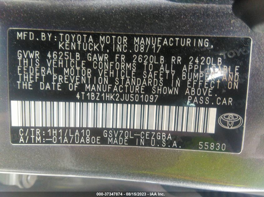 2018 TOYOTA CAMRY V6 - 4T1BZ1HK2JU501097