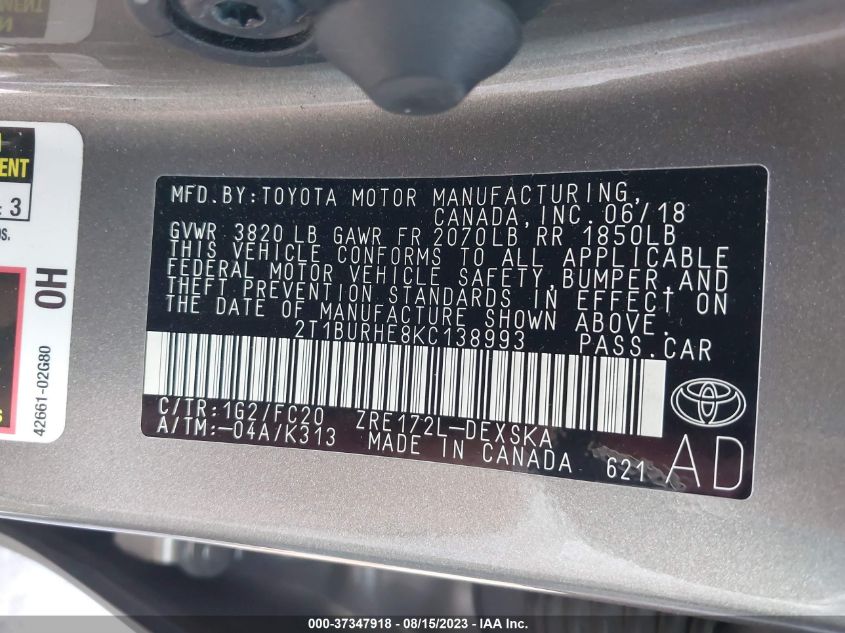 2019 TOYOTA COROLLA L/LE/SE/XLE/XSE - 2T1BURHE8KC138993