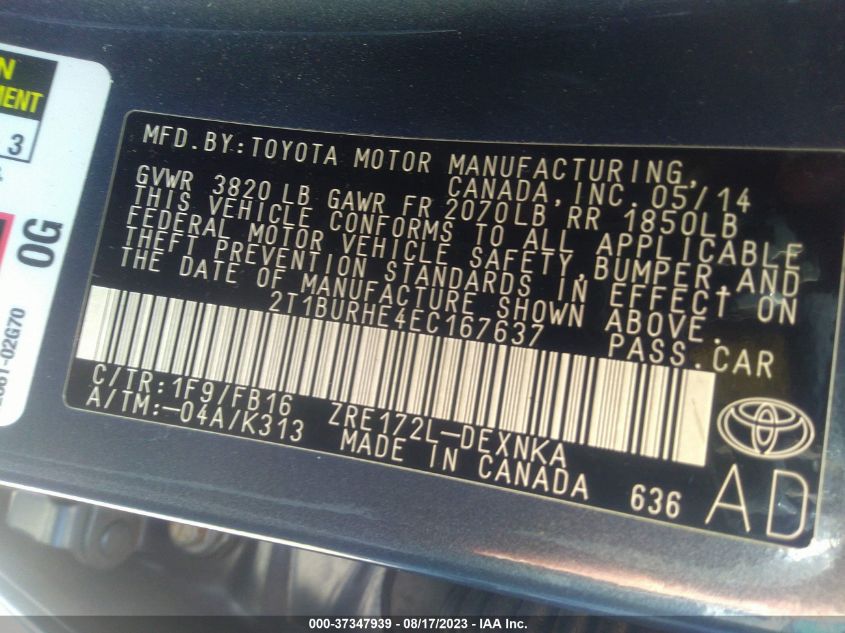 2014 TOYOTA COROLLA L/LE/S/S PLUS/LE PLUS - 2T1BURHE4EC167637