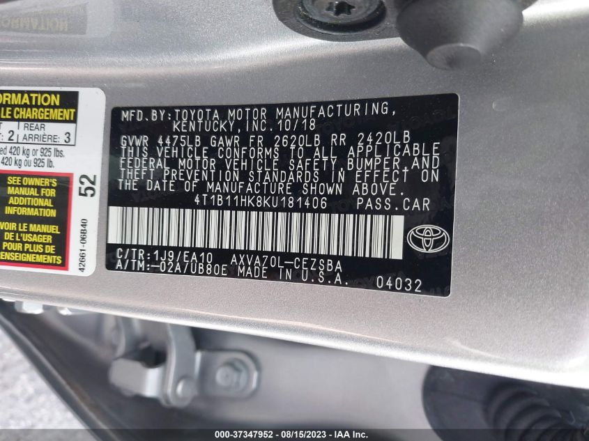 2019 TOYOTA CAMRY LE/SE/XLE/L - 4T1B11HK8KU181406