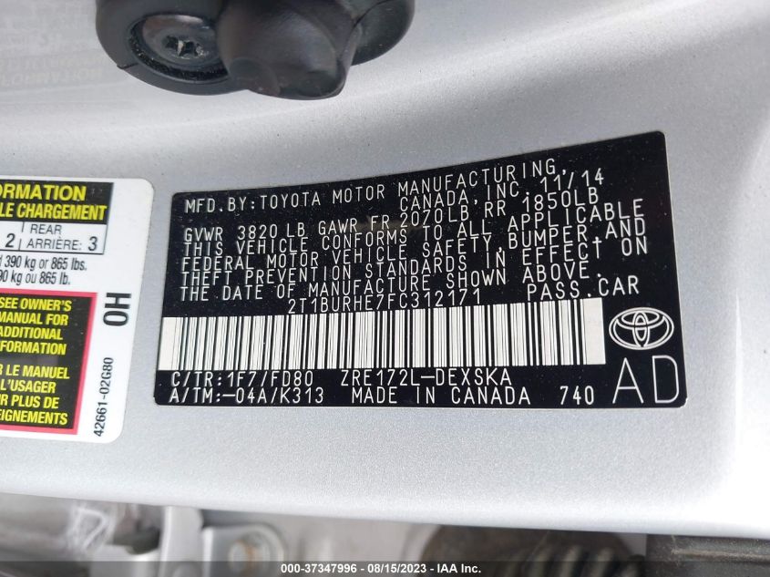 2015 TOYOTA COROLLA L/LE/S/S PLUS/LE PLUS - 2T1BURHE7FC312171