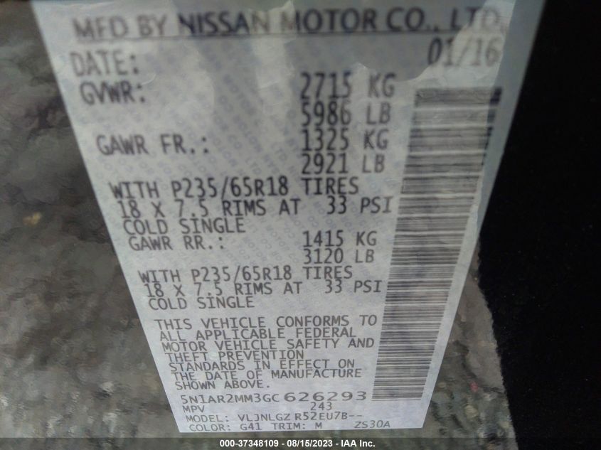 2016 NISSAN PATHFINDER SL - 5N1AR2MM3GC626293