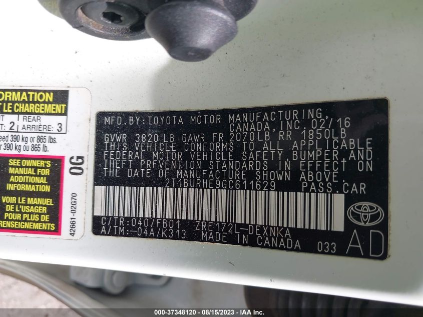 2016 TOYOTA COROLLA L/LE/S/S PLUS/LE PLUS - 2T1BURHE9GC611629