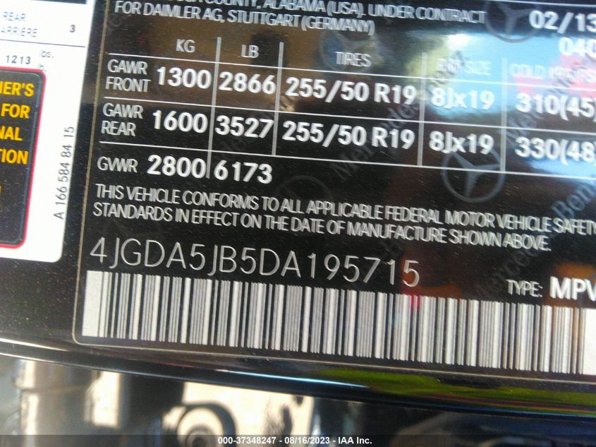 2013 MERCEDES-BENZ ML 350 4JGDA5JB5DA195715