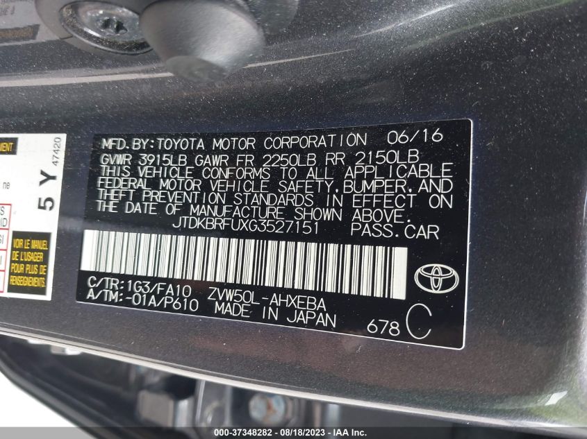2016 TOYOTA PRIUS - JTDKBRFUXG3527151