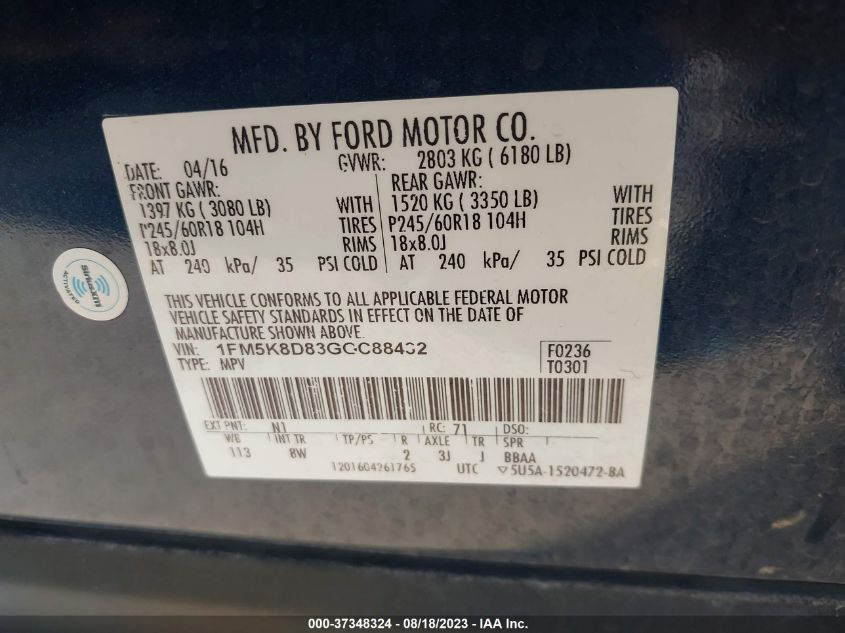 2016 FORD EXPLORER XLT - 1FM5K8D83GGC88432