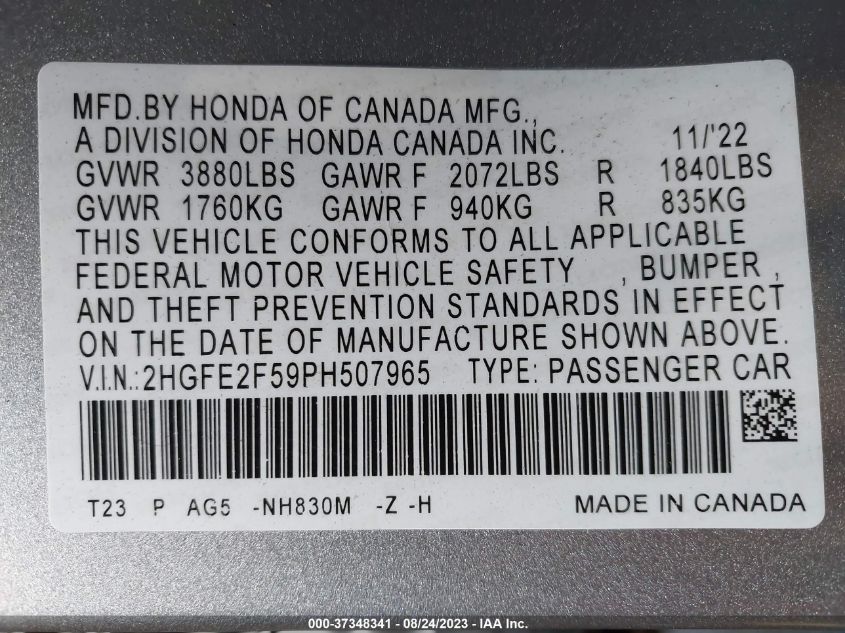 2023 HONDA CIVIC SEDAN SPORT - 2HGFE2F59PH507965