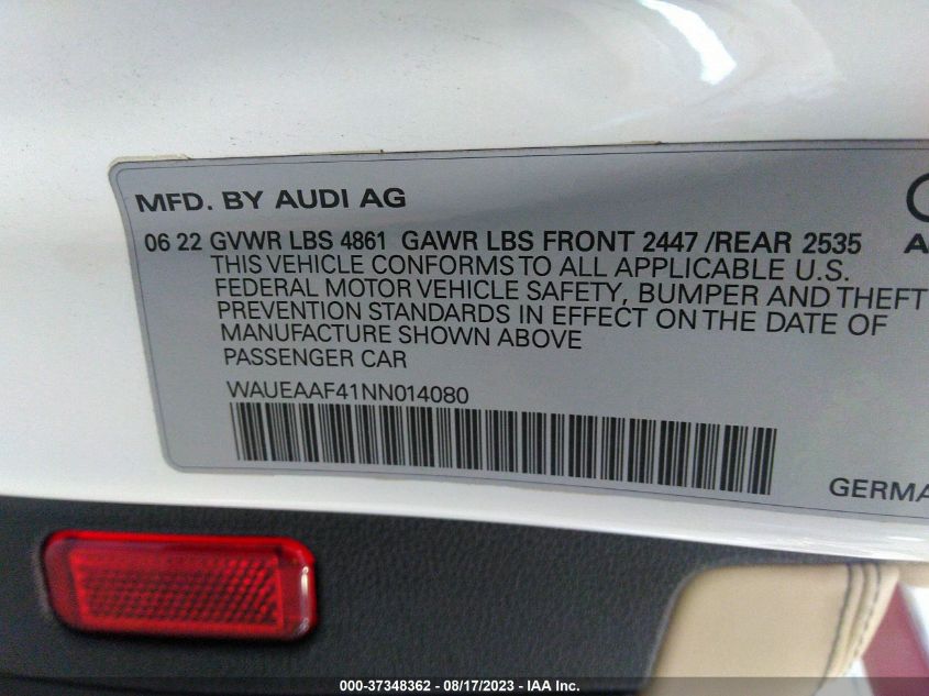 2022 AUDI A4 SEDAN S LINE PREMIUM PLUS - WAUEAAF41NN014080