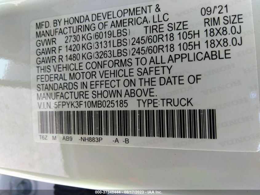 2021 HONDA RIDGELINE SPORT - 5FPYK3F10MB025185