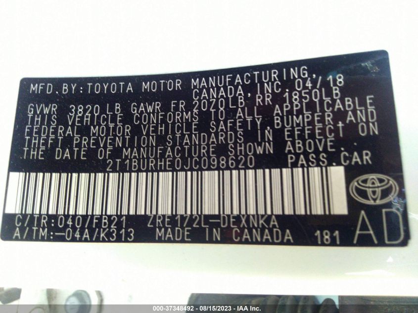 2018 TOYOTA COROLLA L/LE/XLE/SE/XSE - 2T1BURHE0JC098620