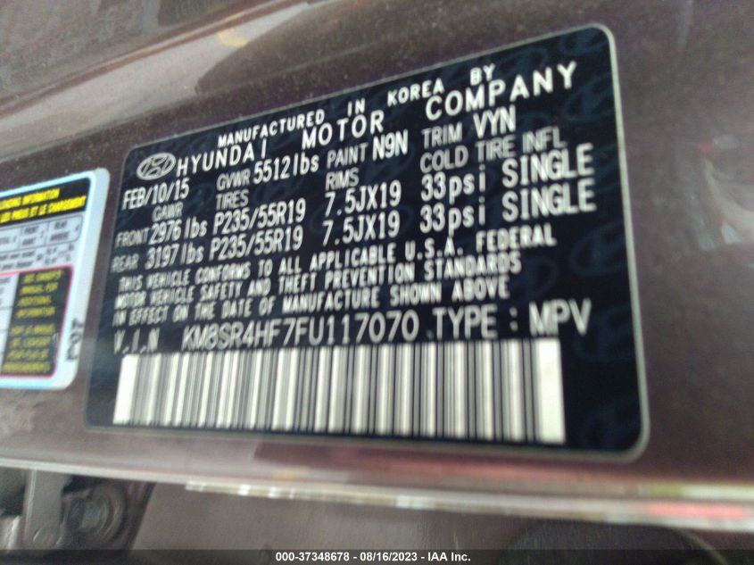 2015 HYUNDAI SANTA FE LIMITED - KM8SR4HF7FU117070