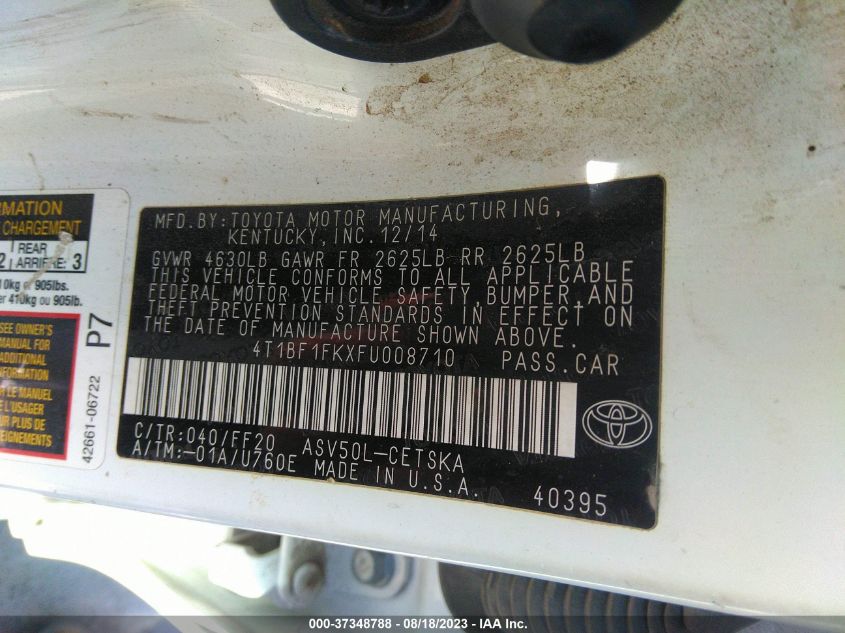 2015 TOYOTA CAMRY XLE/SE/LE/XSE - 4T1BF1FKXFU008710