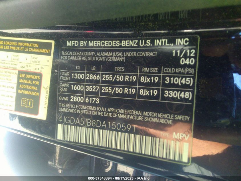 2013 MERCEDES-BENZ M-CLASS ML 350 - 4JGDA5JB8DA150591