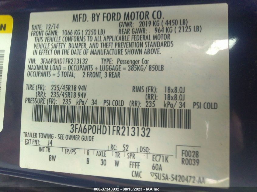 2015 FORD FUSION SE - 3FA6P0HD1FR213132