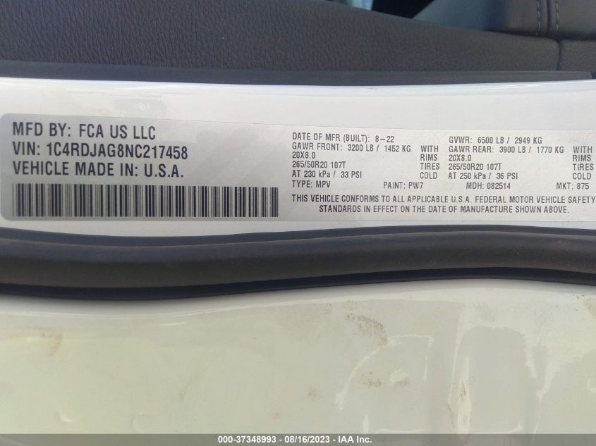 2022 DODGE DURANGO SXT - 1C4RDJAG8NC217458
