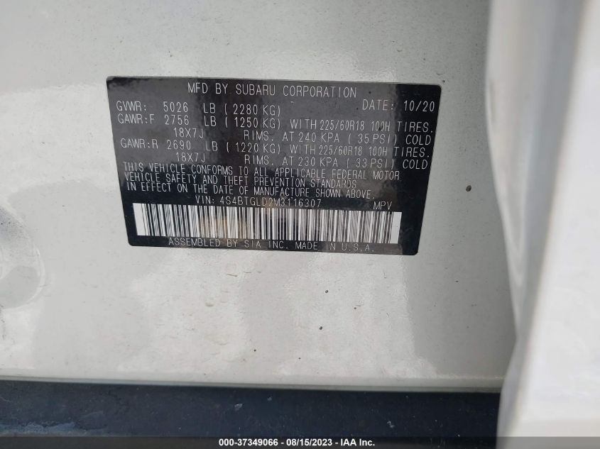 2021 SUBARU OUTBACK ONYX EDITION XT - 4S4BTGLD2M3116307