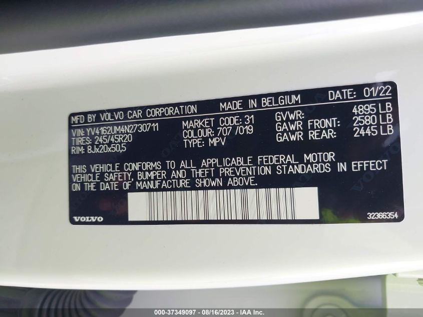 2022 VOLVO XC40 R-DESIGN YV4162UM4N2730711