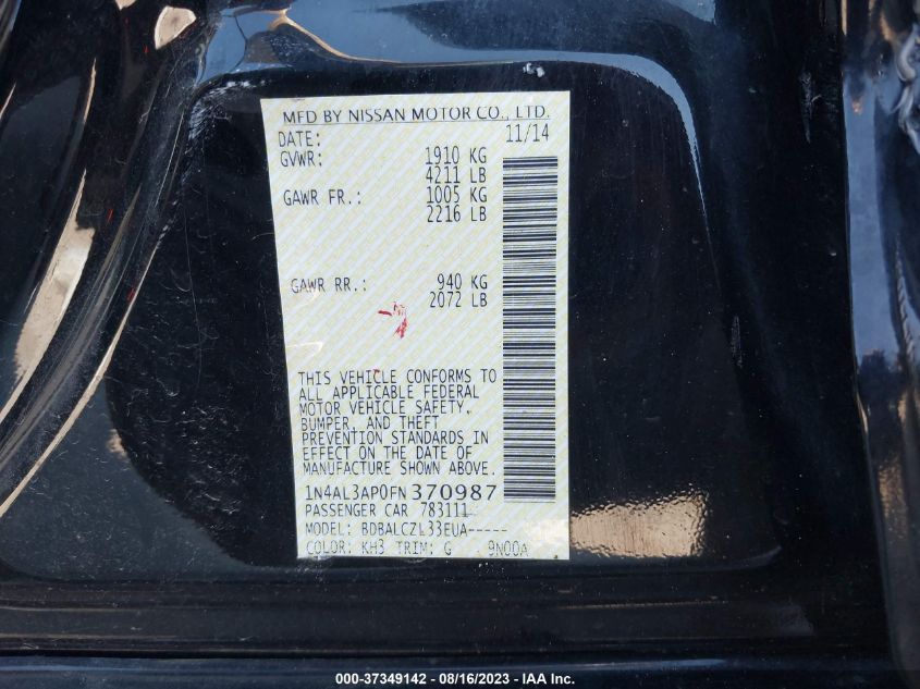 2015 NISSAN ALTIMA 2.5 S - 1N4AL3AP0FN370987