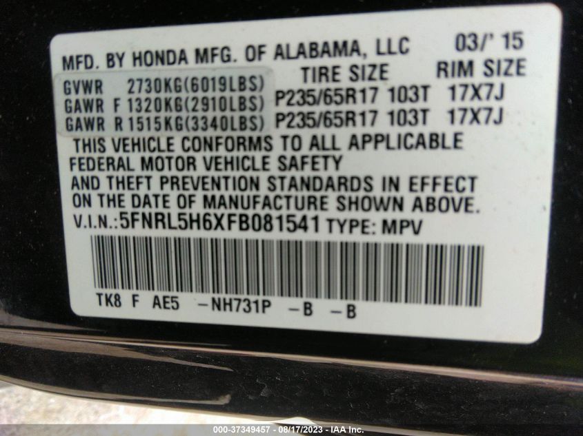 2015 HONDA ODYSSEY EX-L - 5FNRL5H6XFB081541