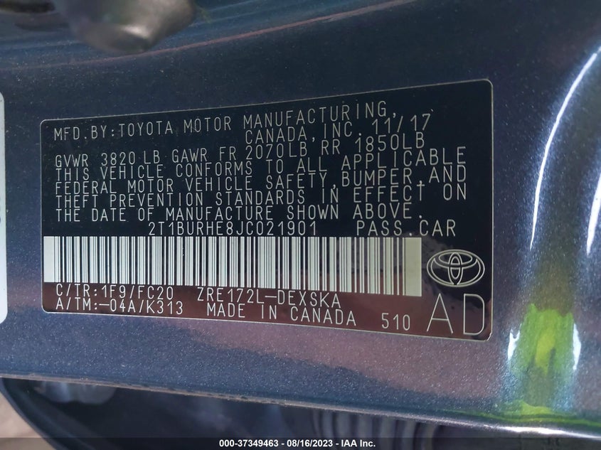 VIN 2T1BURHE8JC021901 2018 TOYOTA COROLLA L/LE/XLE/SE/XSE