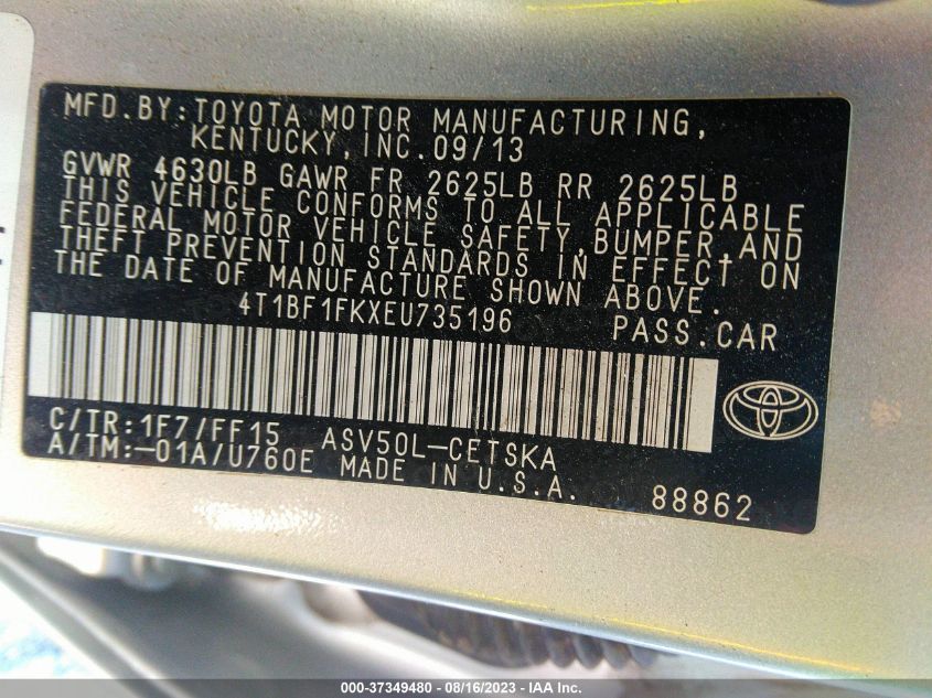 2014 TOYOTA CAMRY L/LE/XLE/SE/SE SPORT - 4T1BF1FKXEU735196