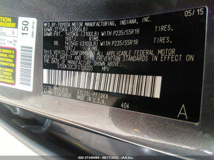 2015 TOYOTA SIENNA LTD/XLE/XLE PREMIUM - 5TDDK3DC3FS109205