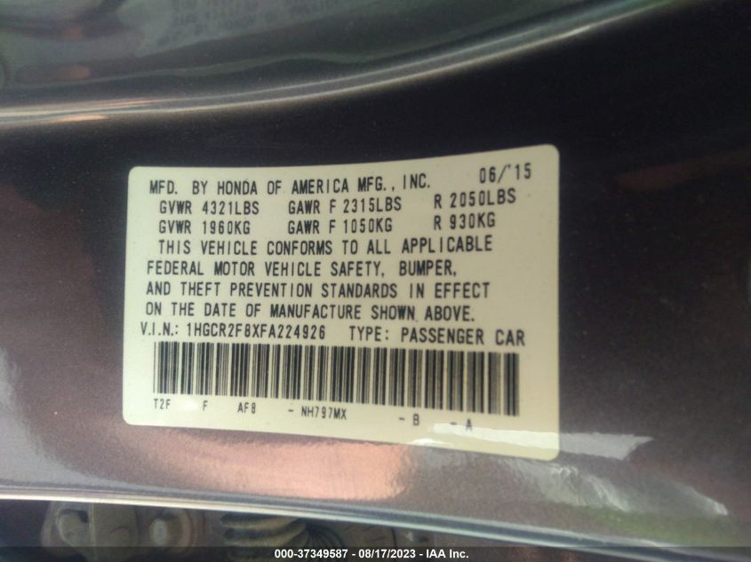 2015 HONDA ACCORD SEDAN EX-L - 1HGCR2F8XFA224926