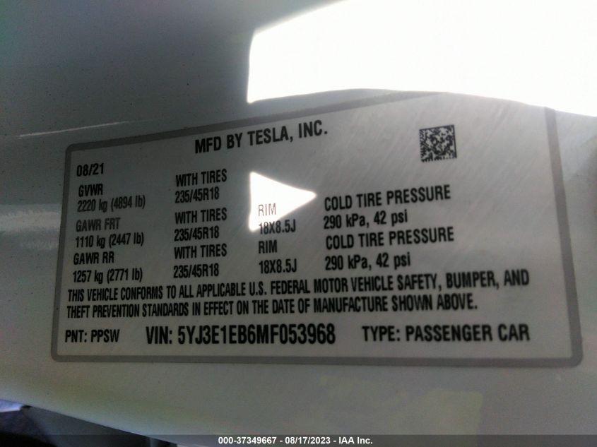 2021 TESLA MODEL 3 LONG RANGE - 5YJ3E1EB6MF053968