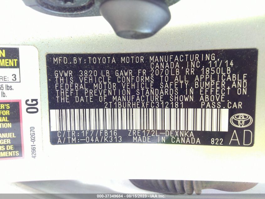 2015 TOYOTA COROLLA L/LE/S/S PLUS/LE PLUS - 2T1BURHEXFC312181