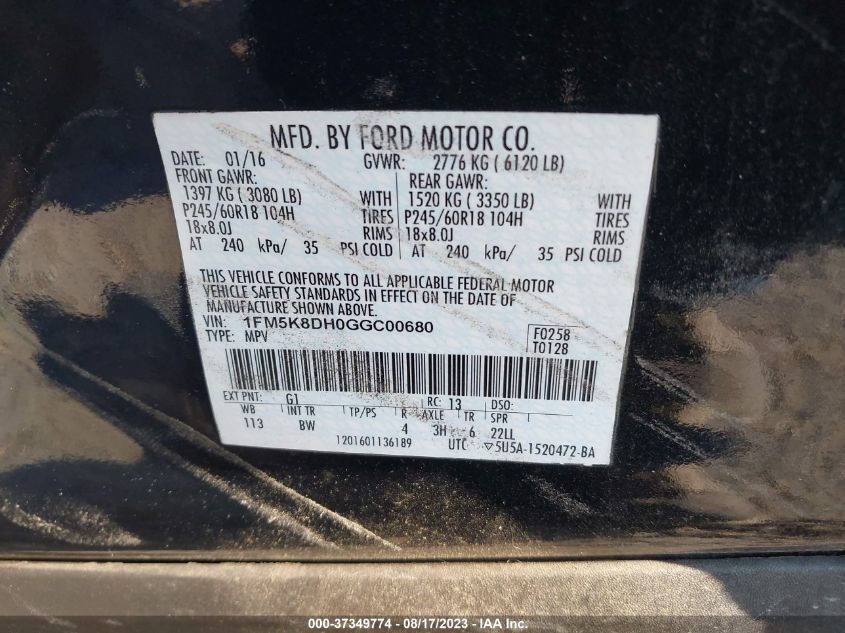 2016 FORD EXPLORER XLT - 1FM5K8DH0GGC00680
