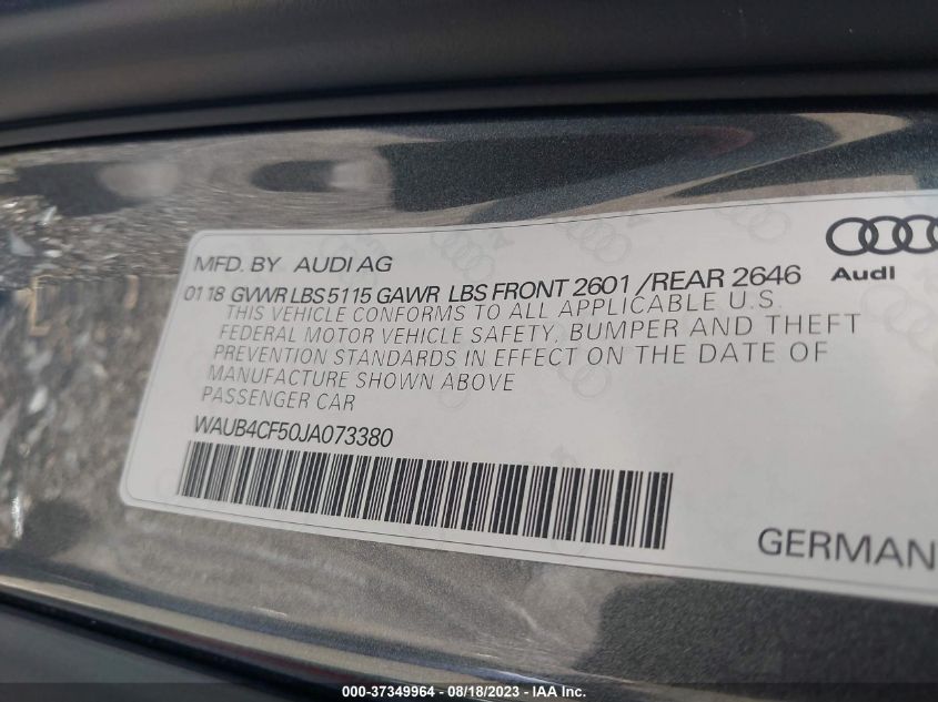 2018 AUDI S5 SPORTBACK PREMIUM PLUS WAUB4CF50JA073380