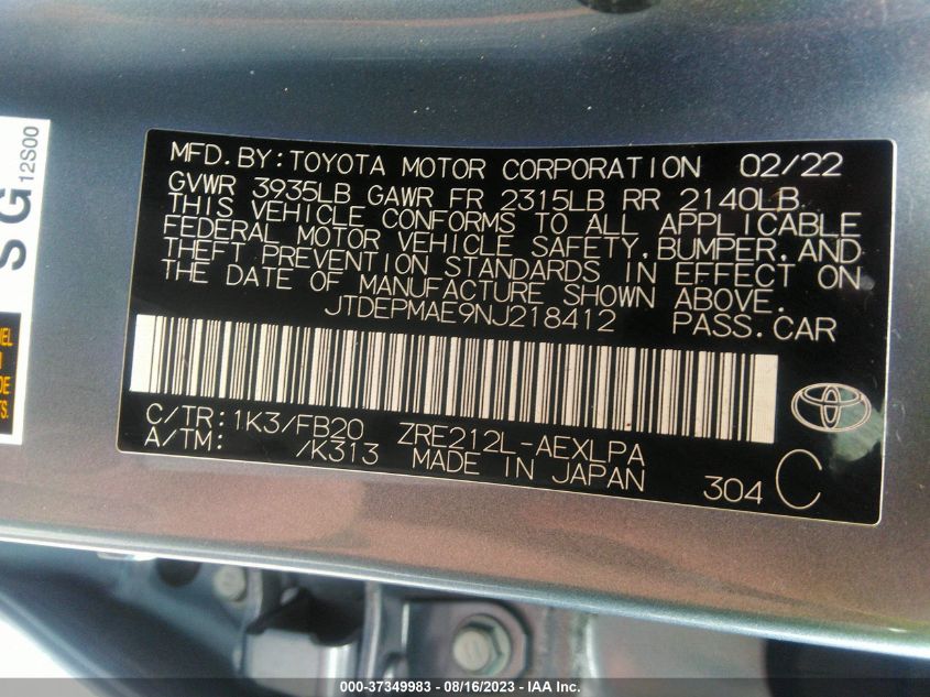 2022 TOYOTA COROLLA LE - JTDEPMAE9NJ218412