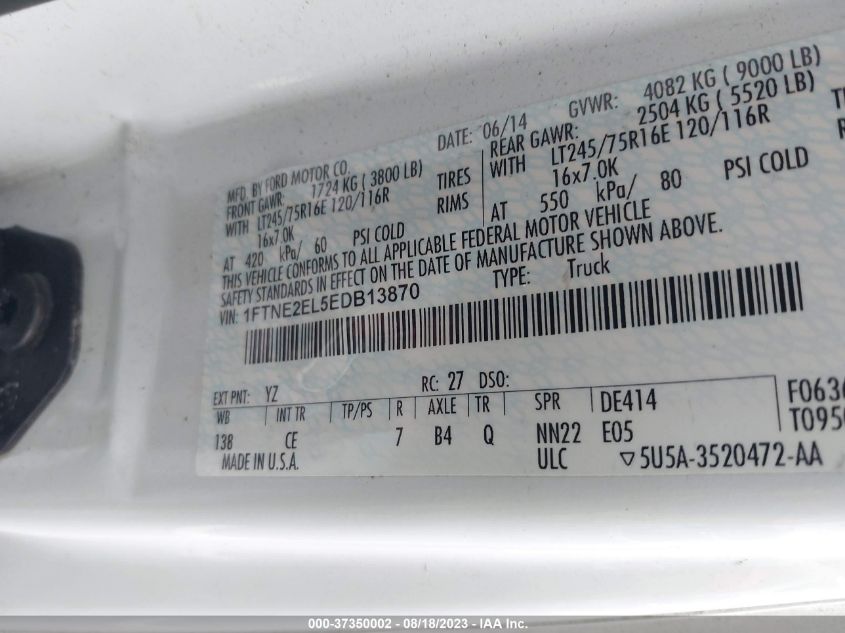 2014 FORD ECONOLINE CARGO VAN COMMERCIAL/RECREATIONAL 1FTNE2EL5EDB13870