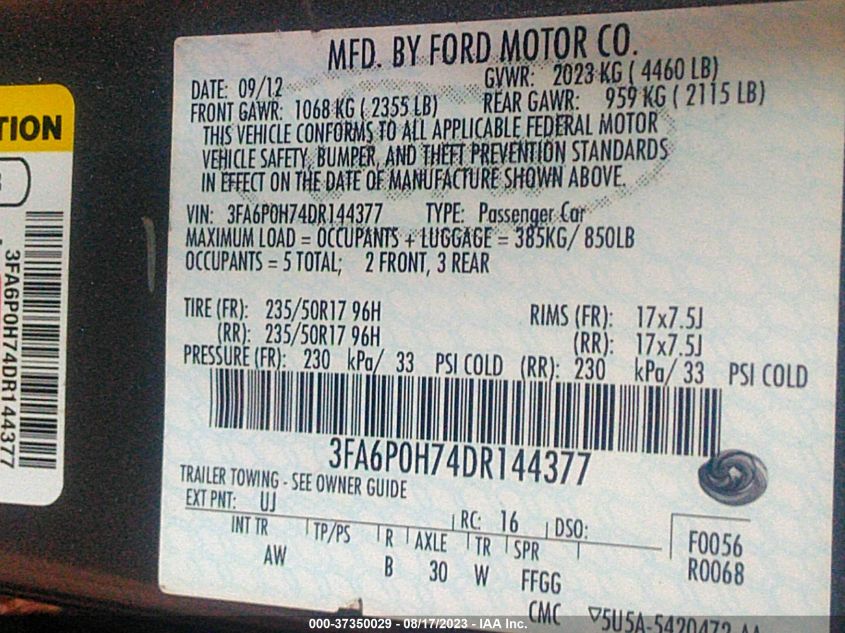 2013 FORD FUSION SE - 3FA6P0H74DR144377