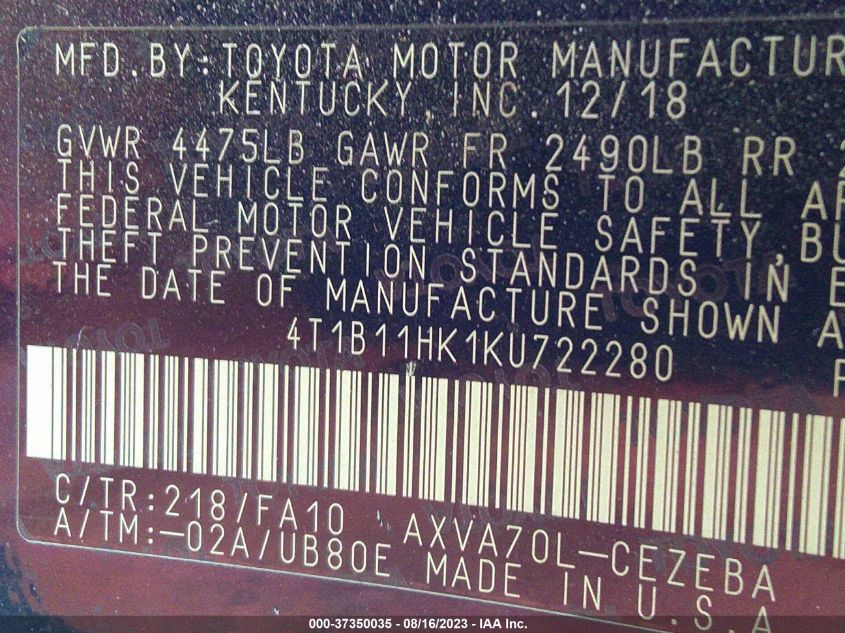 2019 TOYOTA CAMRY LE/SE/XLE/L - 4T1B11HK1KU722280